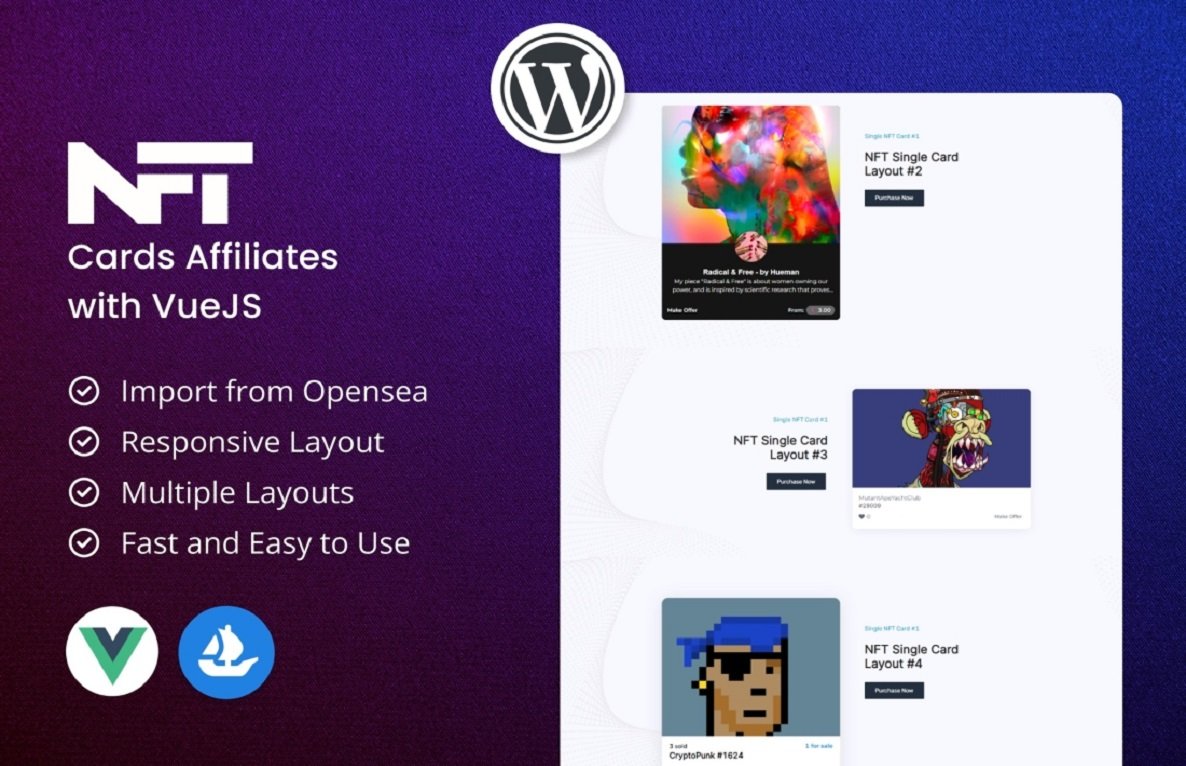 WordPress Live NFT Cards Affiliates with VueJS